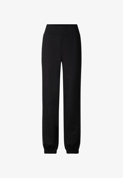 Black high-waist sweatpants with elastic cuffs and side seams, displayed front view on a white background.