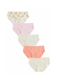 Fünf Paare Damenunterwäsche: floral, hellrosa, cremefarben, peach und punktemuster, aus Baumwollstoff mit klassischer Slip-Form.