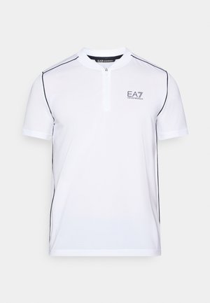 White short-sleeve polo shirt made of breathable mesh fabric, featuring a half-zip collar, black piping accents, and EA7 logo on the chest.