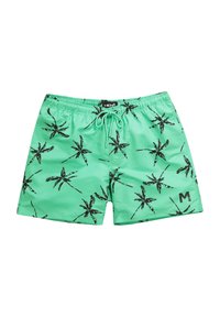 Gröna badshorts med ett mönster av svarta palmblad, elastisk midja, snörning och en logga på nedre högra sidan.