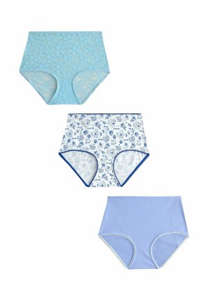 Three pairs of high-waist women's underwear in blue lace, white fabric with blue floral print, and solid light blue ribbed fabric.
