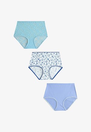 Three pairs of high-waist women's underwear in blue lace, white fabric with blue floral print, and solid light blue ribbed fabric.