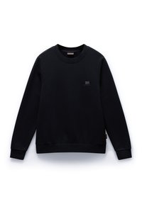 Zwarte sweatshirt van zacht materiaal, met een ronde hals, lange mouwen en een klein logopatch op de linkerborst. Geen zachte textuur, casual pasvorm.