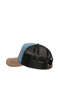 Gorra de béisbol con una parte frontal azul claro, visera Beige y parte trasera de malla negra. Presenta un parche con el logo y un cierre ajustable tipo snapback.