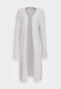 Długi kardigan z otwartym przodem w miękkim, jasnoszarym splocie, z dwoma bocznymi kieszeniami i żebrowanymi mankietami. Gładka tekstura z przytulnym wyglądem.