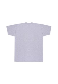 Graues Baumwoll-T-Shirt, oversized Schnitt, kurze Ärmel, runder Halsausschnitt, glatte Textur, simples Design ohne Grafiken oder Muster.
