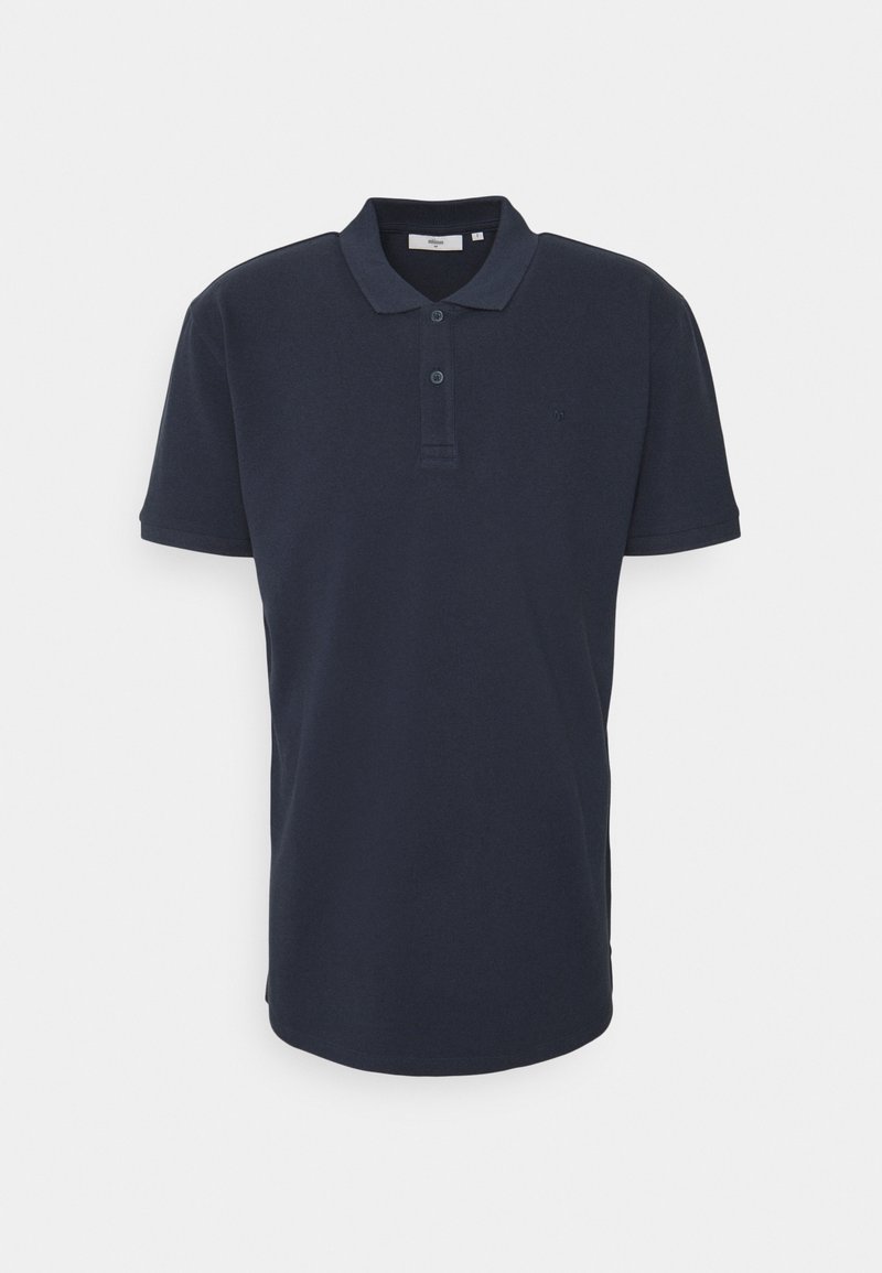 Polo shirt bleu marine à manches courtes avec deux boutons et un col, présenté sur un fond blanc.