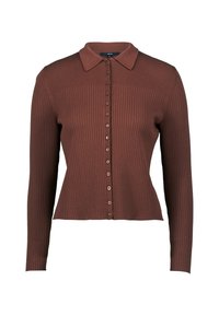 Gerippter brauner Cardigan mit langen Ärmeln, kragenförmigem Ausschnitt und vorderem Knopfverschluss. Verfügt über gleichmäßig verteilte Knöpfe und strukturierte Stoffoberfläche.