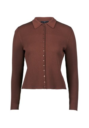 Ribbed brown cardigan with long sleeves, collared neckline, and front button closure. Features evenly spaced buttons and textured fabric.