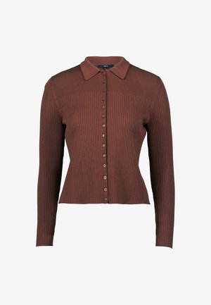 Ribbelige bruine cardigan met lange mouwen, kraag en knoopsluiting aan de voorkant. Heeft gelijkmatigverdeelde knopen en een gestructureerde stof.