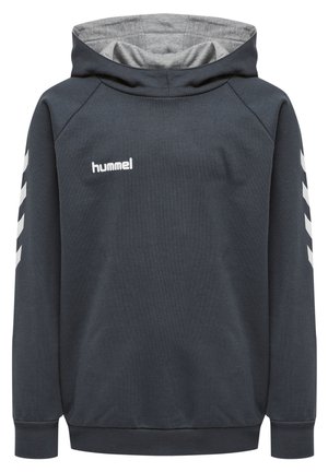 Hoodie in donker marineblauw met een contrasterende grijze binnenvoering. Voorzien van een wit logo en witte chevronstrepen op de mouwen.