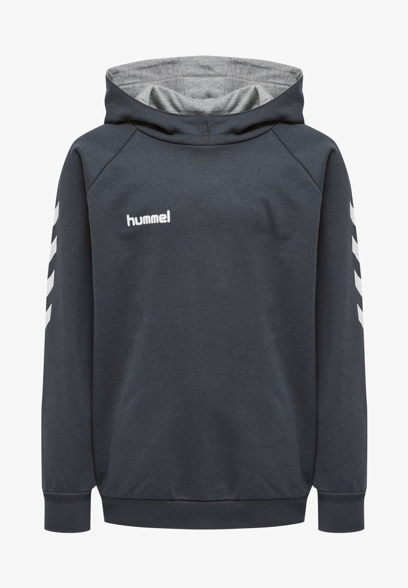 Sweat à capuche bleu marine foncé avec une doublure intérieure grise contrastante. Présente un logo blanc et des rayures en chevron blanches sur les manches.