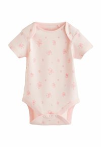 Trumpomis rankovėmis rožinė kūdikio glaustinukė iš minkšto medvilnės audinio, puošta gėlių raštu su mažais rožėmis, apačioje su spaudėmis užsegama dėl lengvo rengimo.