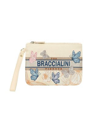 Pochette beige da polso con cerniera, decorata con farfalle blu, rosa e grigie e con la scritta "BRACCIALINI FIRENZE" al centro.