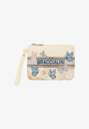Pochette beige da polso con cerniera, decorata con farfalle blu, rosa e grigie e con la scritta "BRACCIALINI FIRENZE" al centro.