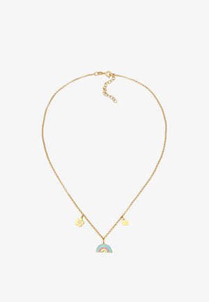Collier en chaîne dorée avec un pendentif arc-en-ciel multicolore, un charme en forme de fleur et un charme en forme de cœur, présentant des surfaces lisses et polies.
