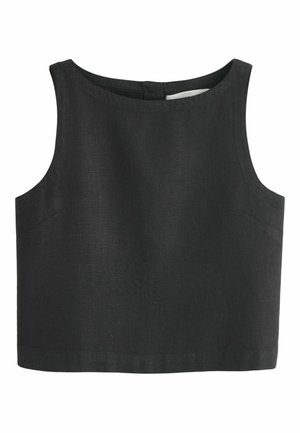 Schwarzes ärmelloses Crop-Top mit rundem Ausschnitt und unsichtbarem Reißverschluss am Rücken, aus gewebtem Stoff.