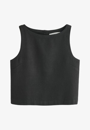 Top negru fără mâneci, scurt, cu decolteu rotund și închidere cu fermoar invizibil în spate, realizat din țesătură țesută.