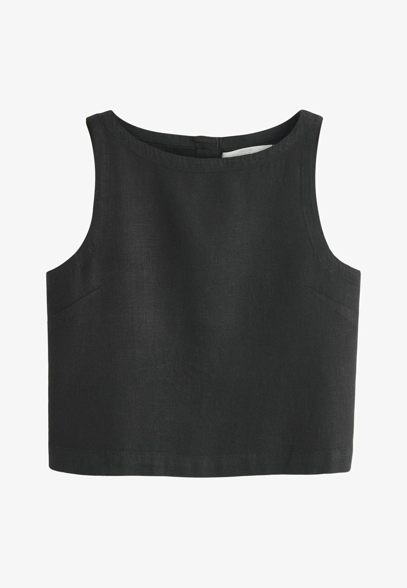 Haut court noir sans manches avec encolure ronde et fermeture éclair invisible dans le dos, en tissu tissé.
