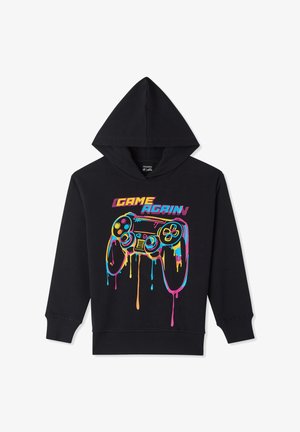 Felpa nera con cappuccio con grafica multicolore di un controller di gioco, con effetti di vernice che gocciola e il testo audace "GAME AGAIN".