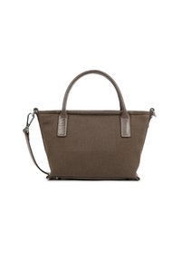 Borsa in tessuto marrone con due manici corti, tracolla rimovibile e superficie texturizzata. Presenta dettagli in metallo argentato e cuciture decorative.