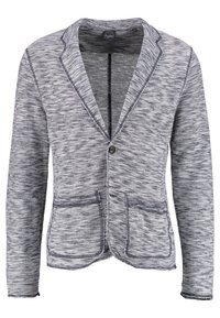 Blazer de punto gris y azul marino con cuello de muesca, cierre de un solo botón y dos bolsillos frontales con un tejido texturizado.