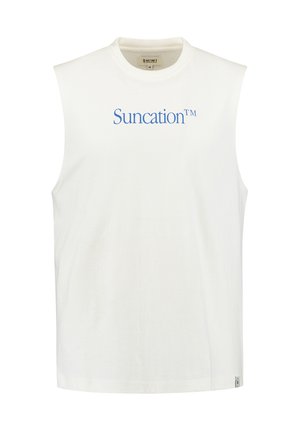 Weißes ärmelloses Baumwollhemd mit dem Aufdruck "Suncation™" in Blau auf der Brust; runder Ausschnitt, weicher Stoff und gerader Saum.