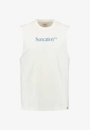 White sleeveless cotton shirt featuring "Suncation™" printed in blue across the chest; round neck, soft texture, and straight hem.