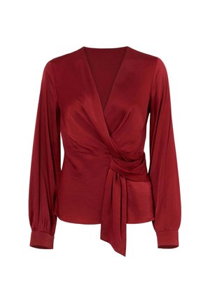 Blusa avvolgente rossa realizzata in tessuto liscio. Caratterizzata da maniche lunghe, scollatura a V profonda e un dettaglio di nodo asimmetrico in vita.