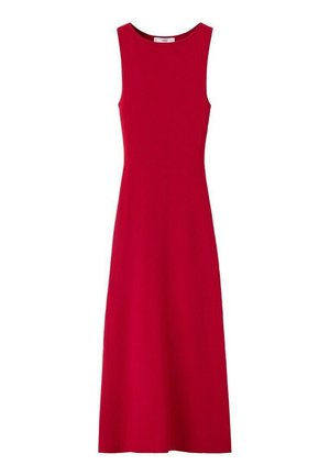 Robe rouge sans manches, longue jusqu'au sol, avec un corsage cintré et un col rond, présentée sur un fond blanc.