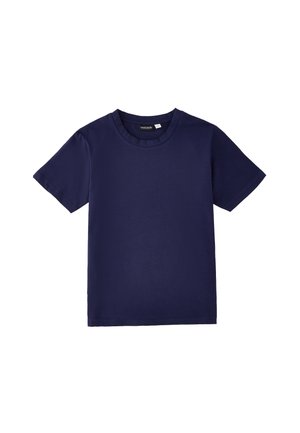 T-shirt blu navy a maniche corte con scollo tondo, realizzata in tessuto liscio e semplice, con una piccola etichetta nera all'interno del collo.