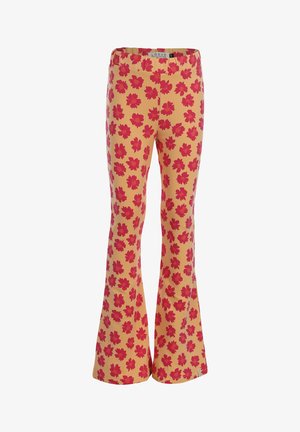 Gele wijde broek met een rood bloemenpatroon, elastische tailleband en een klein merkembleem op de voorzoom.