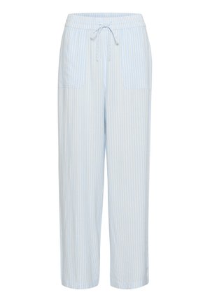Svetle modré pruhované kalhoty s elastickým pasem a nastavitelným stahováním, které mají dva přední kapsy a volný, rovný střih.