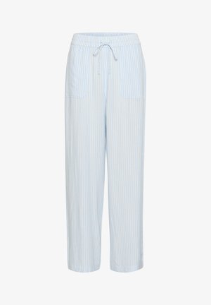 Svijetloplave prugaste hlače s elastičnom vrstom struka i podesivom vezicom, s dva prednja džepa i slobodnim, ravnim krojem.