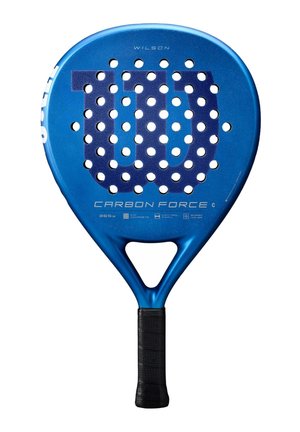Blauer Wilson Carbon Force Padel-Schläger mit perforierter Oberfläche, großem Logo und schwarzem Griff.