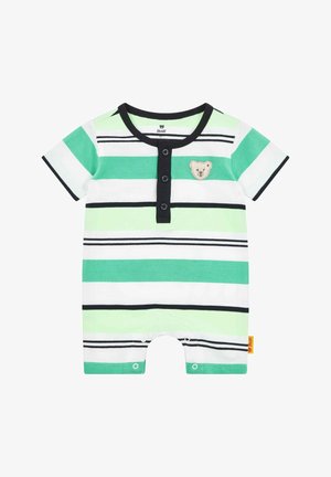 Gestreifter Kurzarm-Overall mit grünen, weißen und schwarzen Streifen, bearbeitet mit einem Bärenapplikation und Druckknöpfen im unteren Bereich.