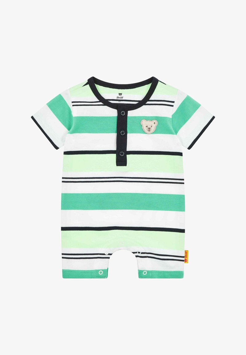 Romper de manga corta a rayas en verde, blanco y negro, con un aplique de oso y cierres a presión en la parte inferior.