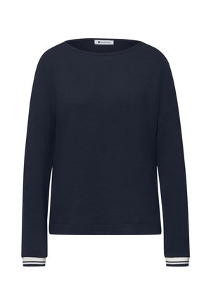 Pull en maille bleu marine foncé à manches longues avec encolure bateau et poignets blancs ornés de deux bandes horizontales foncées.