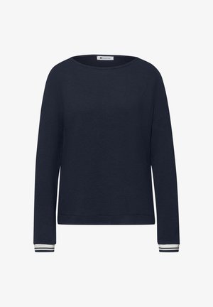 Pull en maille bleu marine foncé à manches longues avec encolure bateau et poignets blancs ornés de deux bandes horizontales foncées.