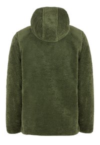 Giacca in pile con cappuccio di colore verde khaki, caratterizzata da una superficie morbida e testurizzata. Presenta una vestibilità comoda e maniche lunghe. Senza hardware o dettagli visibili.