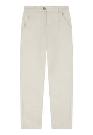 Pantalon crème à jambes droites avec poches latérales, passants pour ceinture, fermeture par bouton et braguette zippée.