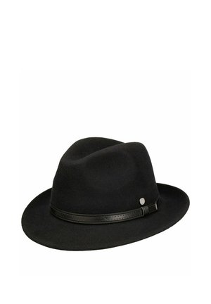Black fedora hat with a wide brim and a thin black leather band featuring a small metal emblem on the side.