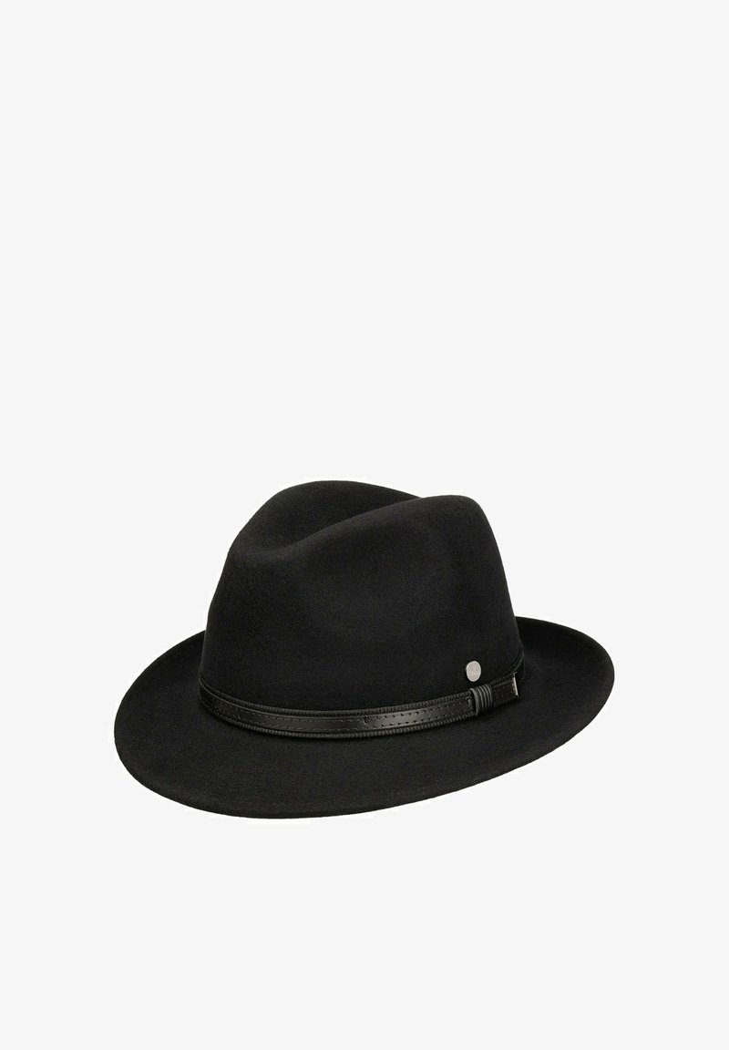 Black fedora hat with a wide brim and a thin black leather band featuring a small metal emblem on the side.