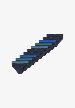 Herren-Slips in verschiedenen Farben, mit glatter Textur und elastischem Bund. Farben umfassen Navy, Türkis und Blautöne.