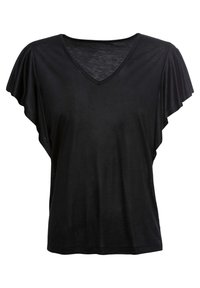 Black V-neck t-shirt made of soft fabric, featuring flutter sleeves and a loose fit. Smooth texture with no visible patterns or accents.