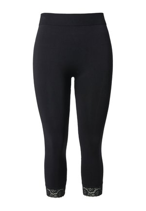 Leggings noirs taille haute, courts, avec bordure en dentelle aux ourlets, coupe ajustée s'étendant sous le genou.