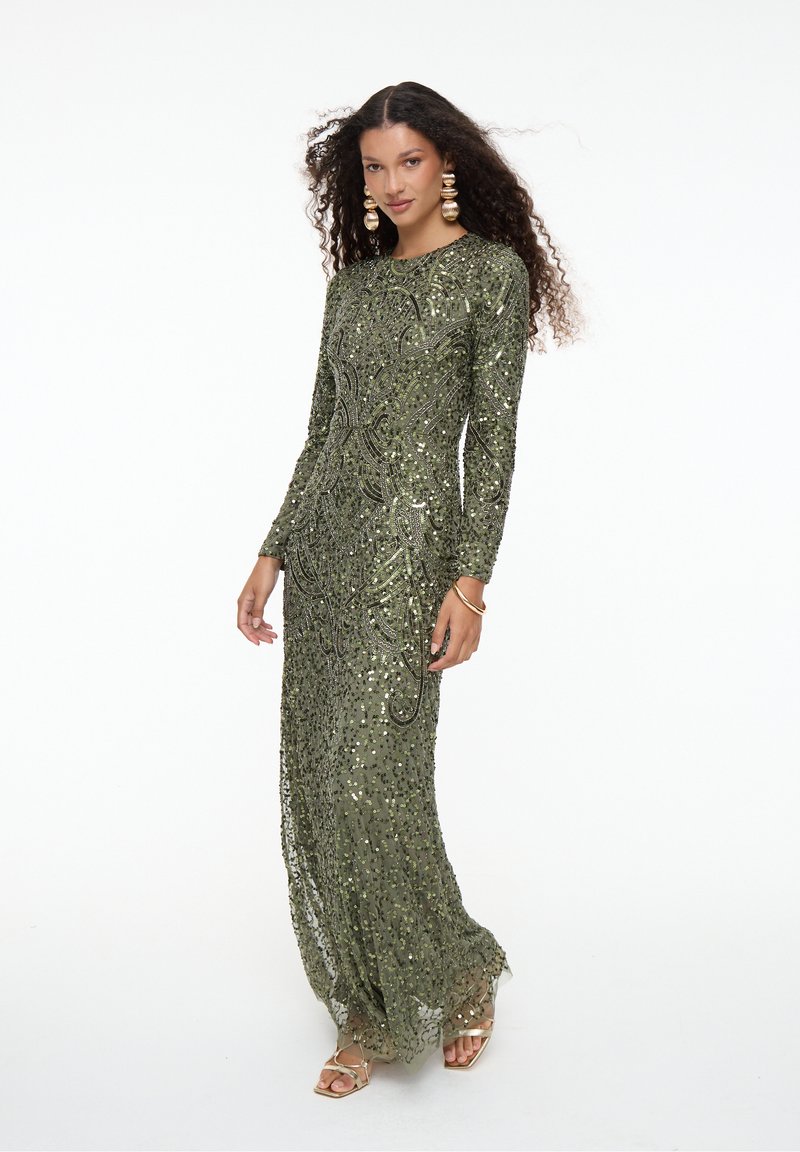 slim fit dress slacks Kendall Green Sequin One Shoulder Maxi Dress – Get That Trend main image 1