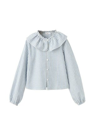 Bluza cu mâneci lungi, dungi verticale albastre deschis și albe, cu guler cu volane și nasturi în față, manșete elastice, croială lejeră.