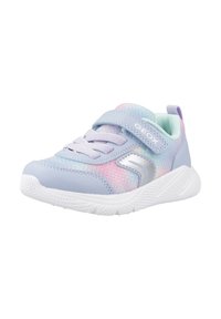 Sneakers lilla con un motivo a gradiente; presentano una striscia in velcro e lacci elastici; suola in gomma; logo Geox sul lato.
