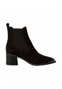 Bottines noires en suède avec des panneaux élastiques sur les côtés, bout pointu et talon épais. Présente une surface texturée et des détails de couture minimaux.